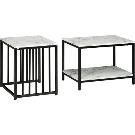 Lot de 2 tables d'appoint tables gigognes tables basses empilables avec plateau aspect bois effet marbre cadre en métal (1/5)