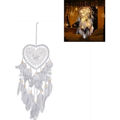 Attrape rêves 1 pièce en forme de cœur creux, fait main avec lumière LED et cœur en plumes, 15 × 60 cm, décoration murale et veilleuse pour chambre, fêtes et mariages, idée cadeau, blanc (1/5)