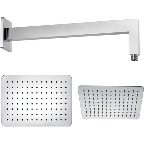 Braccio doccia ottone cromato + soffione doccia rettangolare acciaio inox 200x300x2 mm spessore