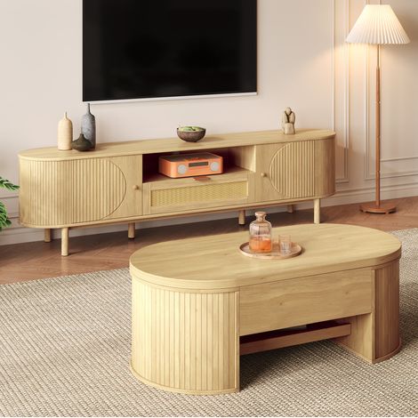 TV Möbel Set mit Couchtisch höhenverstellbar MDF Natur OKMYHOME