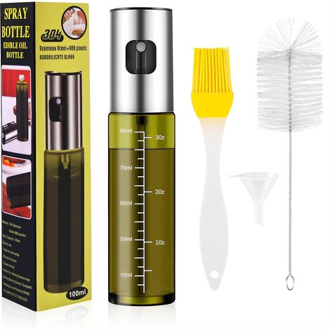 Pulvérisateur D'huile 100ml Spray Huile Cuisine, Verre Protection Contre la Lumière Spray Cuisine Anti-goutte avec Brosse Entonnoir pour Cuisson, Griller, Salades, Fourm (1/5)