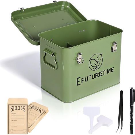 Boîte à Graines Potager en métal 20,5×13,5×16cm, Boîte de Rangement à Graines avec Couvercle, 30 Étiquettes pour Plantes 30 Enveloppes de Graines, Idée Cadeau Jardinage, Vert (1/5)