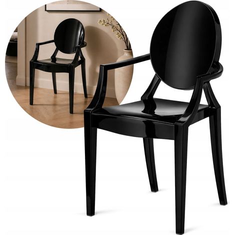 Sedia Louis nera con braccioli, finitura lucida glamour, per sala da pranzo, tavolo da toeletta (1/5)