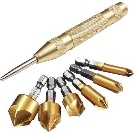 AIDUCHO Lot De 6 Mèches Fraises Coniques À Tige Hexagonale Hss 5 Avec Pointeau Automatique 12,7 Cm Outils D’ébavurage Pour Acier Bois Plastique (1/5)