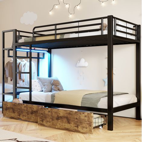 lit chambre rangement 90x200 metal noir enfant LED HAVRYA (1/5)