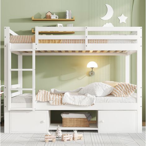 Etagenbett für Kinder, Kinderbett mit Schuhregale und Schließfächer, Bett aufgeteilt in 2 Einzelbetten, Jugendbett, Einzelbett, Weiß, 90x200cm. (1/5)