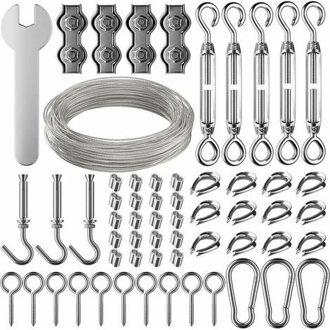 30m Corde en Acier Inoxydable à Suspendre Kit,2mm Cable en acier inoxydable revêtu avec Tendeur et Crochets,pour Suspension Lumineuse,plante grimpante,corde a linge,rideau pergola,rambarde. (1/5)