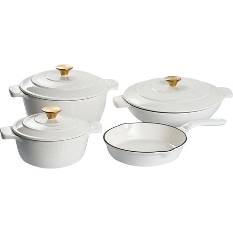Casserole and Skillet Off-White Enamaled Cast Iron 7 Piece Set Pot and Lid with Stainless Steel Knob and Skillet Oven-Safe All-Hobs Compatible FERRANO