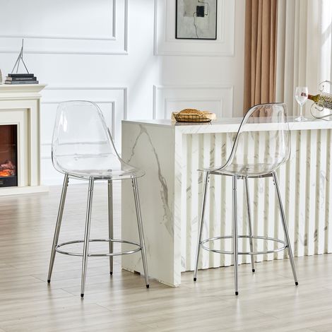 Lot de 2 tabourets de bar transparents design flottant,pieds métal argenté,H.102 cm,idéaux pour cuisine ouverte et style minimaliste luxueux.