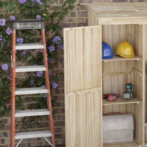 Cabanon de jardin en pin massif, 2 portes battantes et étagères, dimensions 120x57x183 cm, bois naturel (1/5)