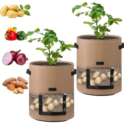 Deux sacs de plantation de pommes de terre de 7 gallons avec rabats et fenêtres transparentes pour la plantation de tomates et de fruits, bruns.