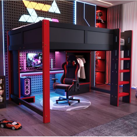Cama alta 140x200 cm de pino, negra y roja, con escritorio, para gaming, sin colchón – MEUBLIV (1/5)