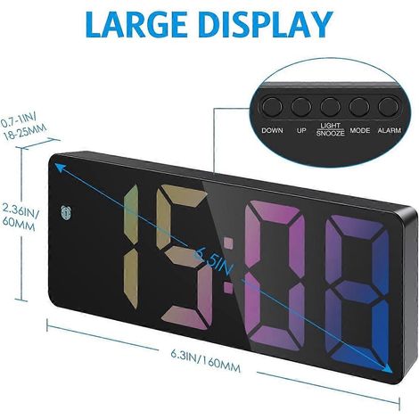 Réveil électronique numérique, grand écran LED de 6,5 pouces, à piles, pour table de chevet. (1/4)
