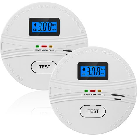 Detector de humo y monóxido de carbono 2 en 1 (paquete de 2), funciona con pilas, botón de prueba, alarma sonora, pantalla digital LCD