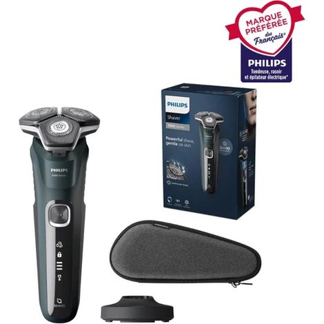 Philips Series 5000 S5887/35 Rasoir électrique avec lames SteelPrecision, capteur Power Adapt, têtes flexibles 360°, tondeuse rétractable, socle de charge - Noir (1/4)