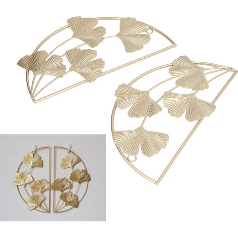 Decoración de pared hoja de ginkgo, metal dorado, estilo nórdico, 2 piezas, 28,5 cm, marco de hierro minimalista moderno, placa de escultura 3D, habitación (1/5)