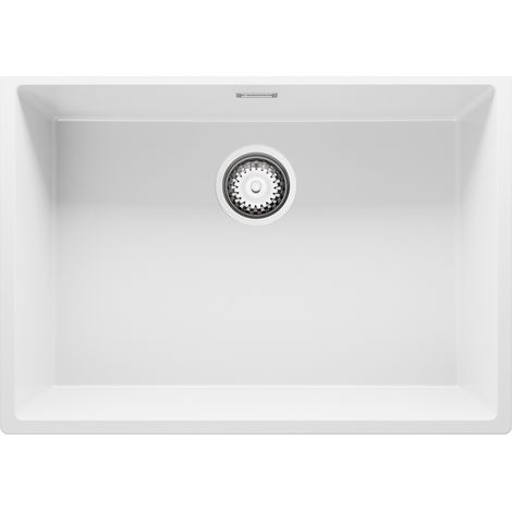 PRIMAGRAN Evier Sous Plan 66x47cm, Evier en Granit 1 bac + Kit de Vidage, Évier au meuble 70cm - London, Blanc (1/5)