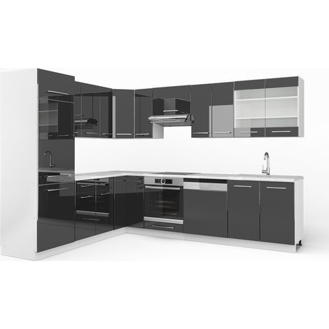 Cocina esquinera Fame-Line, Antracita brillo intenso/blanco, 227 x 287 cm , ET Mármol, Vicco (1/5)