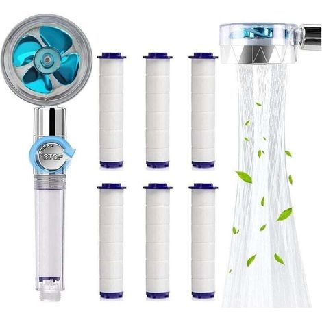 Coavas Duschkopf, Anti-Kalk-Wasserspar-Duschkopf, Hochdruck-Propeller-Duschkopf mit dreistufigem Filtersystem und 6 austauschbaren PP-Baumwollfiltern (Blau) (1/5)