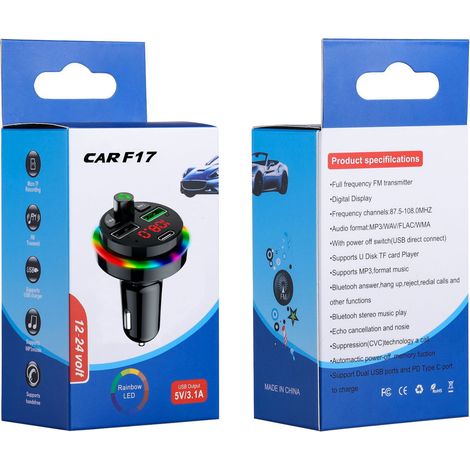 Car MP3 Bluetooth Player, Colorful Ambient Light, FM Transmitter, USB Flash Drive, TF Card Expansion, F17 USB Car Charger, F16 -- F17 Button Rotating Version