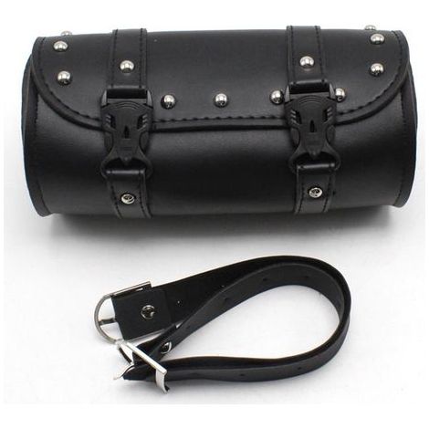 Universelle Motorradlenkertasche, wasserdicht, aus schwarzem Kunstleder mit 2 Riemen, für Werkzeug und Fahrradzubehör.