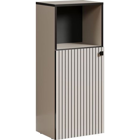 Meuble bas - Gris clair - Commode de salle de bain avec compartiment ouvert - (l x H x P) 40 x 95 x 31 cm - 2 compartiments et 1 étagère - Aspect rainuré - Poignée (1/5)