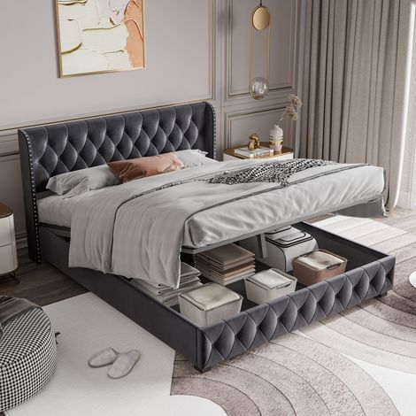 Letto contenitore matrimoniale 160x200 cm 2 persone SUNFECILI, tessuto velluto, rete a doghe, grigio scuro, stile scandinavo moderno (1/5)
