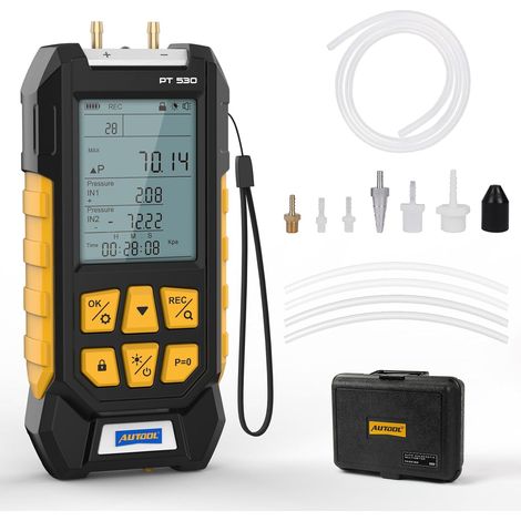 Manomètre, Digital Testeur Pression de gaz ±0.25% FSO Précision, -1-3Bar, Manometrepour Climatisation Auto Réfrigérateur avec Adaptateur, écran LCD Rétroéclairé, 10 Unités, Boîte à Outils (1/5)