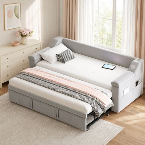 Canapé-lit 90/180x190 cm Bluetooth USB, rangements, gris clair, en bois, sans matelas FloraGrace (1/5)