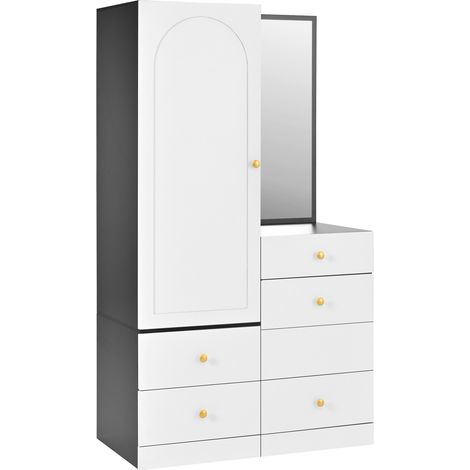 Tocador armario multifuncional de MDF negro y blanco con espejo y taburete oculto (1/5)
