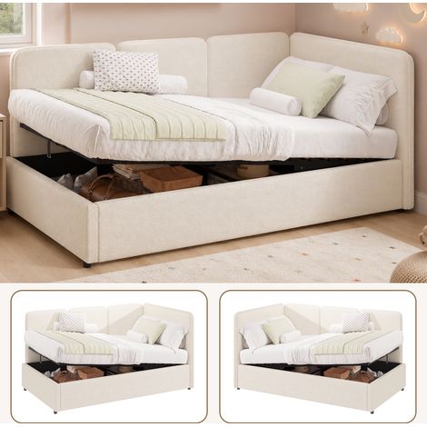 Lit Banquette Coffre Hydraulique 90 x 200 cm en Tissu Bouclé Beige avec Sommier - PANGIVO (1/5)