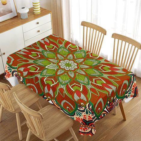 3D Mandala Rectangular Tablecloth, Stain-Resistant, Waterproof Polyester Tablecloth, Bohemian Style Table Cover for Outdoor Kitchen, Garden, Restaurant (140x160cm, Green Red) (1/5)