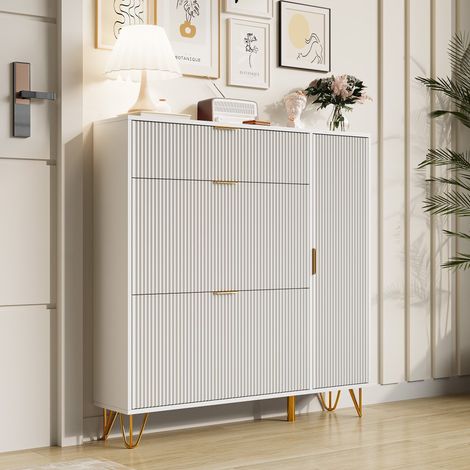 Meuble à chaussures d'entrée en bois blanc,110 x 24 x 118.5 cm,3 pull-down doors and 1 cabinet door,Adjustable Separator,Étagère à chaussures étroite (1/5)