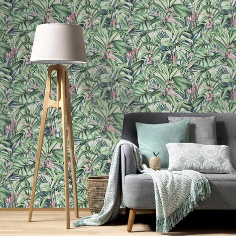 Papier peint jungle vert & rose tendance chambre | Tapisserie salon exotique verte | Papier peint fleuri et tropical pour couloir (1/3)