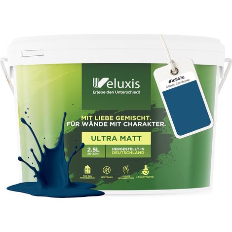 Wandfarbe Blau Petrol Anthrazit Matt Innenfarbe – Deckkraft Klasse 1, VOC-frei, Ohne Grundierung, Tropfarm – Wohnzimmer & Schlafzimmer – 2,5L – Veluxis (Classic Cornflower)