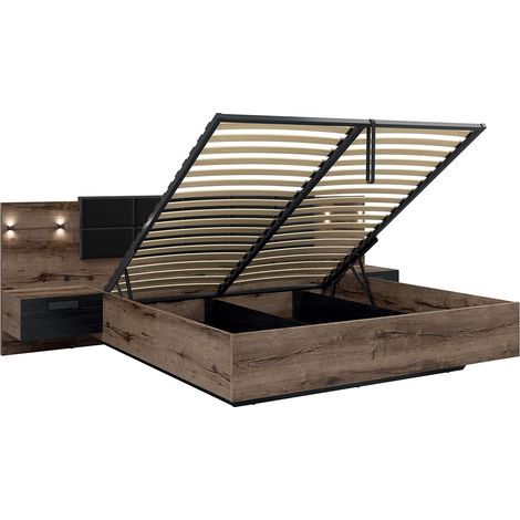 Lit coffre 180x200 sommier chevet LED et prise USB inclus Romane Bois