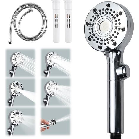 Pommeau de douche avec tuyau, pommeau de douche à économie d'eau avec filtre, 5 types de jets, douchette de douche avec fonction d'arrêt pour le bain pour une douche reposante (1/5)