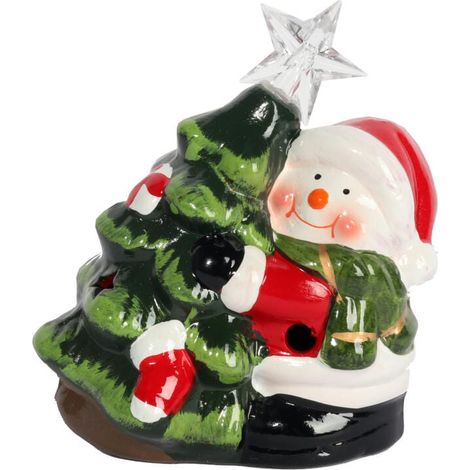 Adorno navideño de cerámica con forma de muñeco de nieve y árbol de Navidad con luces LED, 12,5 cm. (1/5)