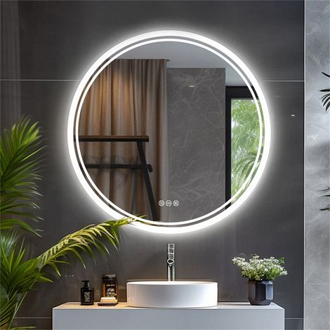 Unho – Miroir mural LED rond 60cm – Anti-buée – Réglage tactile de luminosité – 3 températures de couleur – Verre HD sans cuivre (1/5)
