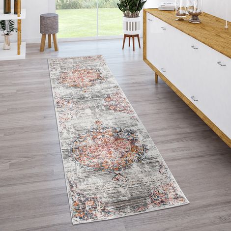 Paco Home Teppich Wohnzimmer Kurzflor Vintage Moderne Orient Optik Abstrakt Grau Gelb Blau 60x100 cm
