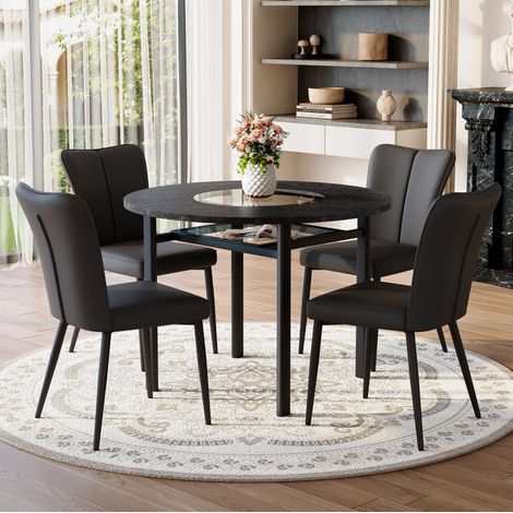 Ensemble Table à Manger et 4 Chaises, pour 2 à 4 Personnes, Plateau en Verre et MDF, avec Pieds Réglables, Noir (1/5)