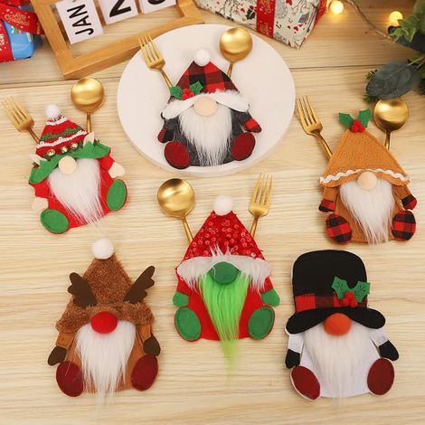 Porte-couverts de Noël, porte-couverts en feutre 6 pièces avec Père Noël pour dîners, dîners de famille (1/5)