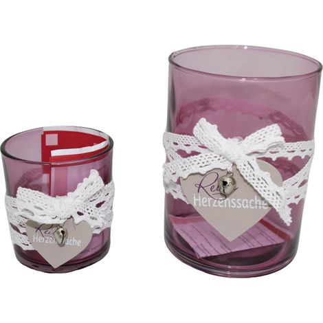Lot de 2 bougeoirs Ronds en Verre avec cœur en Bois Violet 10 x 10 x 15 cm (1/2)