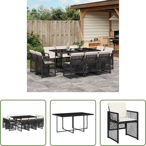 vidaXL Gartenstuhl - 11-tlg. Garten-Essgruppe mit Kissen Schwarz Poly Rattan (1/5)