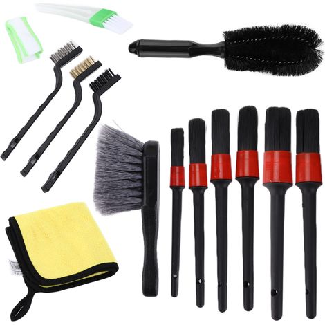 Kit 14 brosses de nettoyage auto avec chiffon microfibre pour jantes, intérieur et moteur (1/5)