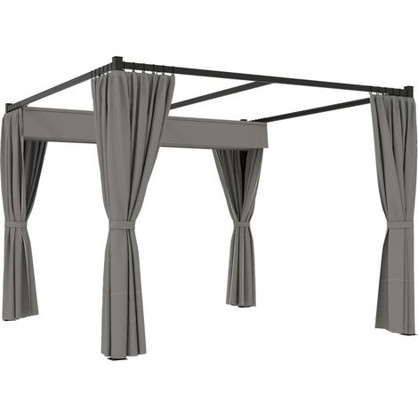 Pergola métallique 3 x 3 m à auvent mobile avec rideaux occultants, couleur gris