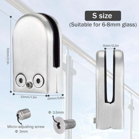 NALOOKAMIC Pince à Verre Pince de Verre en Acier Inoxydable Supports de Serrage en Verre de 6 à 8 mm Clip en Verre Réglable Connexion à Dos Plat pour Balustrade Escalier Main Courante 6 Pièces