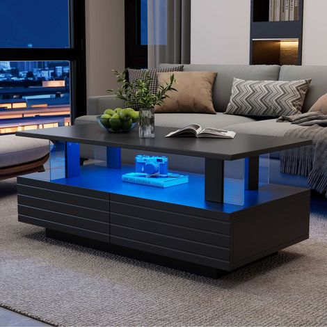 Table basse LED 100 x 50 x 42 cm, éclairage RGB contrôlé par application, 2 tiroirs et rangement ouvert, noir (1/5)