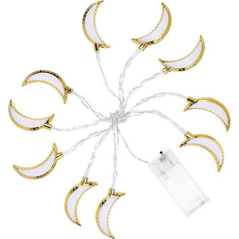 Guirlande lumineuse lune 1,5m 10 LED pour Ramadan Aïd el-Fitr Aïd al-Adha, décorations festives lunaire avec boîtier à piles (piles non incluses) (BZ2343-W Lune) (1/5)