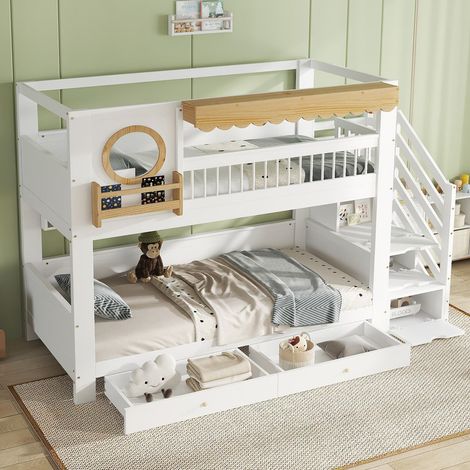 Lit superposé enfant 90 x 200 cm avec rangements : 2 tiroirs sur roulettes, placard d'escalier, étagères de 2 mètres et tablette latérale, Lit Mezzanine gain de place pour chambre d'enfant